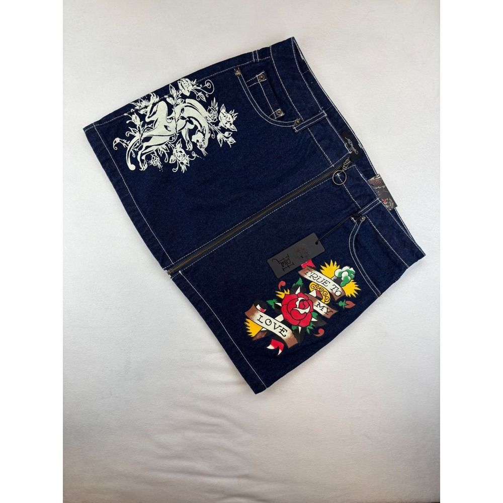 Ed Hardy Women's Denim Skirt Y2K Tattoo Graphic Mini Skirt Dark Wash Large New